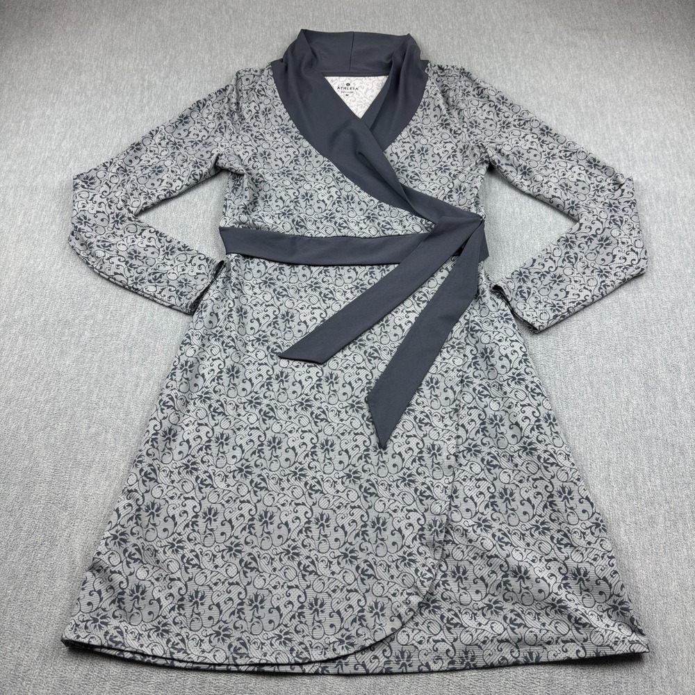 Athleta Dress Womens Medium Gray Wellington Paisley Floral Faux Wrap Long Sleeve